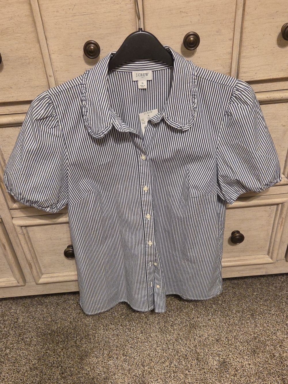 J. Crew Navy & White Striped Puff Sleeve Button-Down